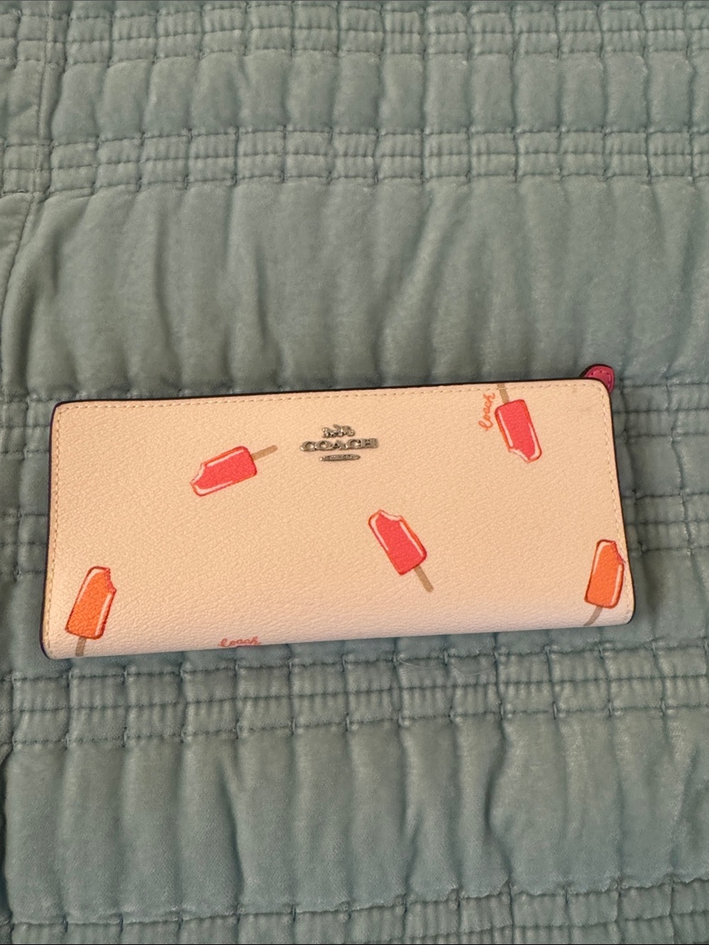 Coach Cream Leather Zip Wallet with Pink and Orange Popsicle Print